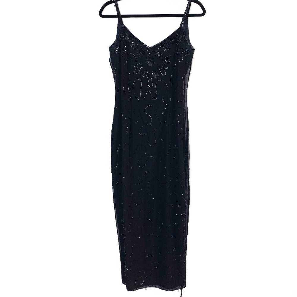 Vintage Rampage Silk Black Maxi Dress Size 7 Sequins Beads 90's Whimsy Goth Prom